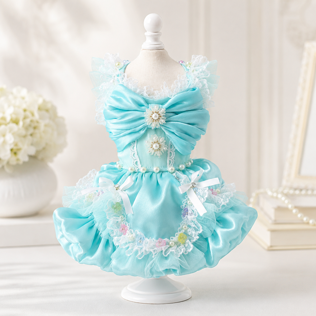Handmade Aqua Blue Princess Dog Dress with Lace, Bow & Pearl Details