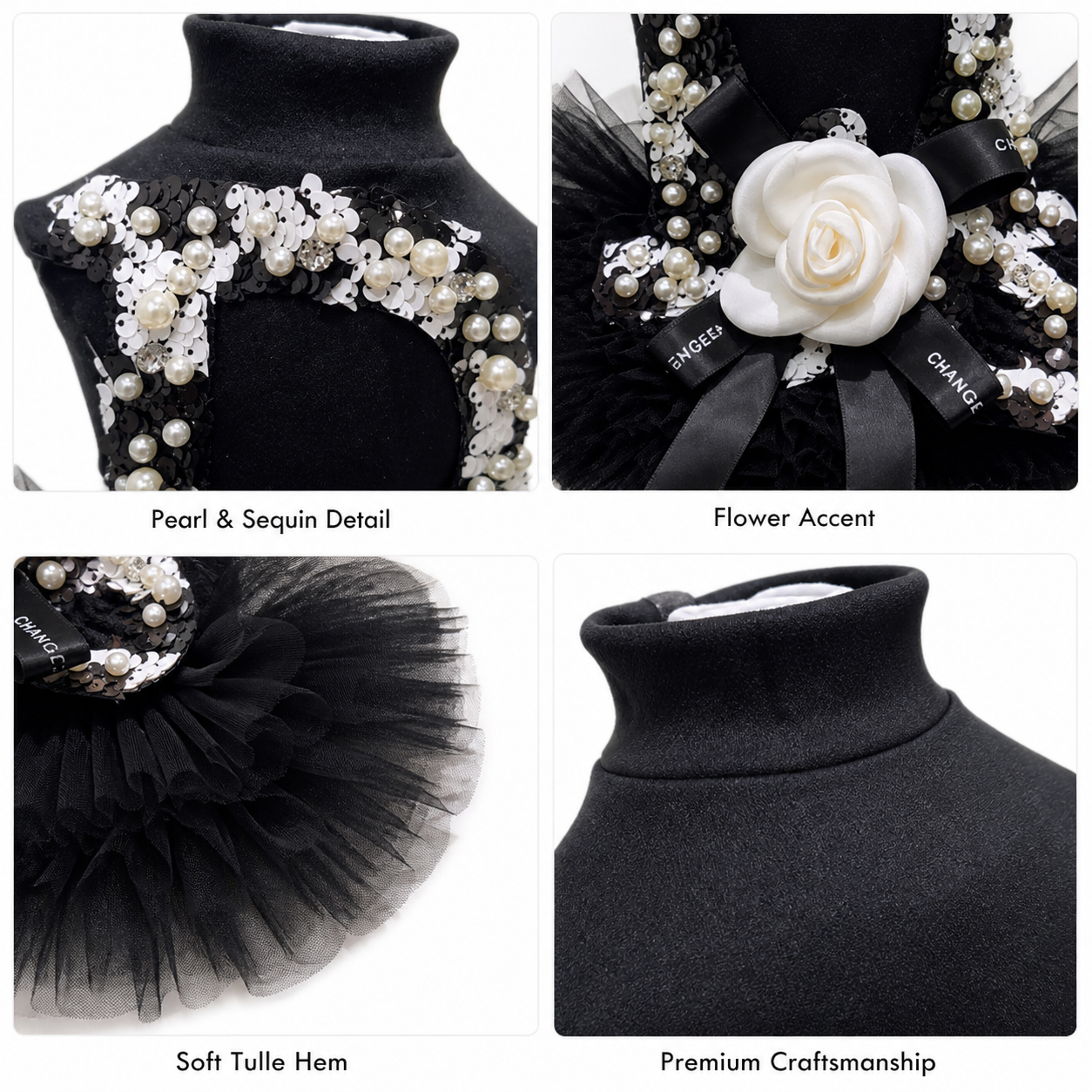 Luxury Black Pearl Dog Dress Elegant Tulle Pet Dress Tutu with Flower Accent