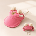 Pink Teddy Bear Pom-Pom Dog Visor Hat with Adjustable Chin Strap