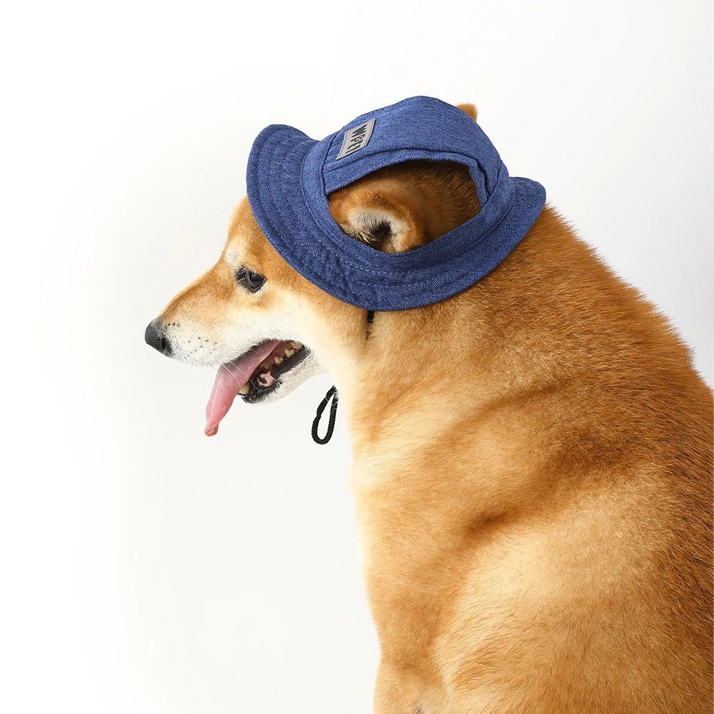 Pet Hat With Ear Holes For Medium Small Dogs Adjustable Summer Pets Dog Outdoor Sun Cap Cat Puppy Denim Color Canvas Visor Caps